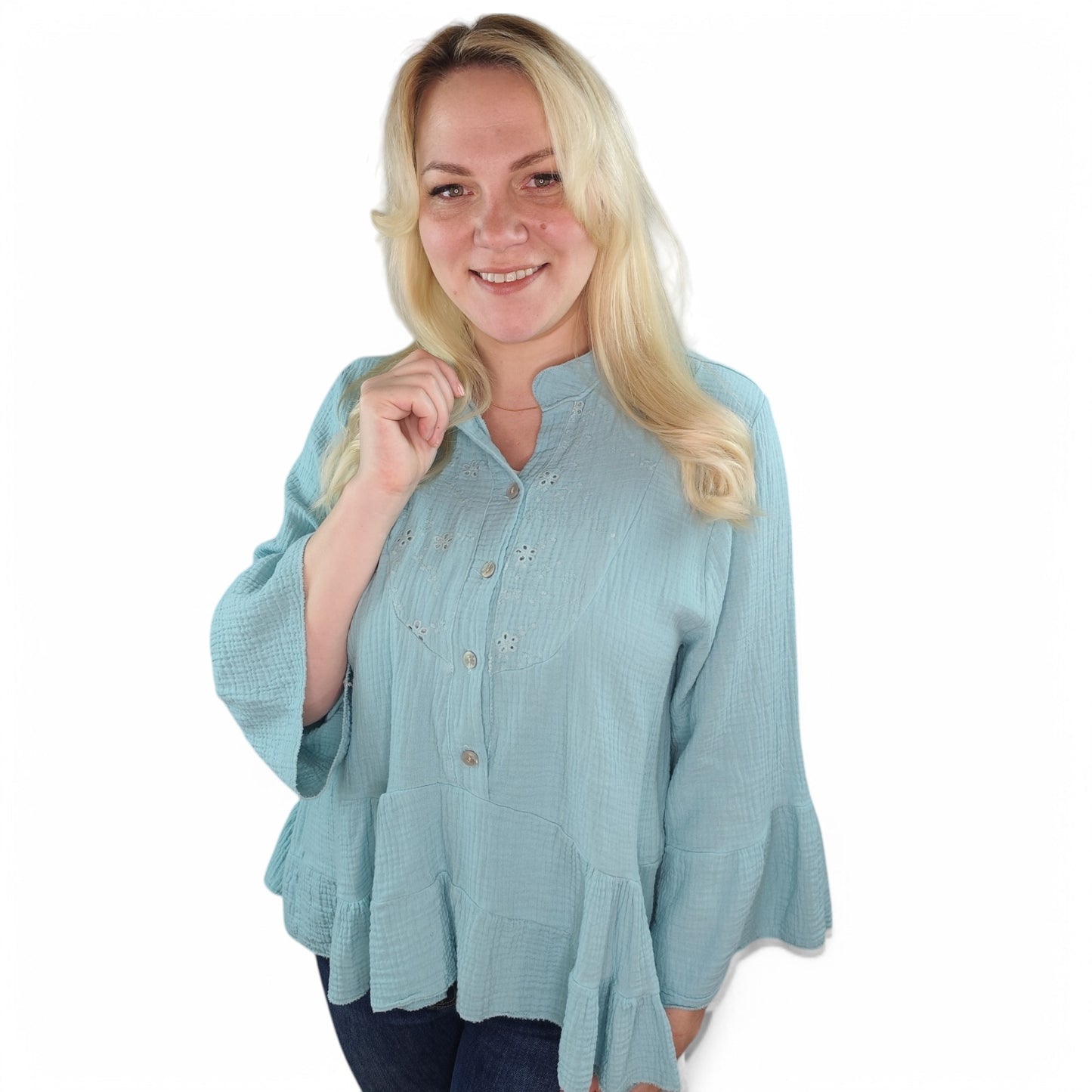 Musselin Bluse mit Volant in Türkis
