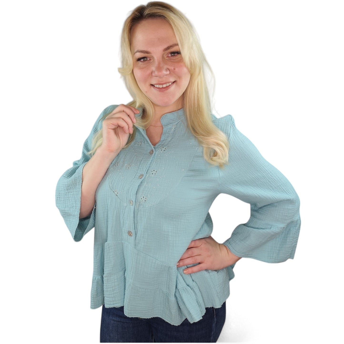 Musselin Bluse mit Volant in Türkis
