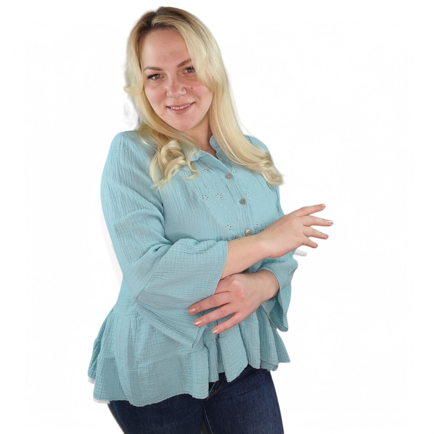 Musselin Bluse mit Volant in Türkis