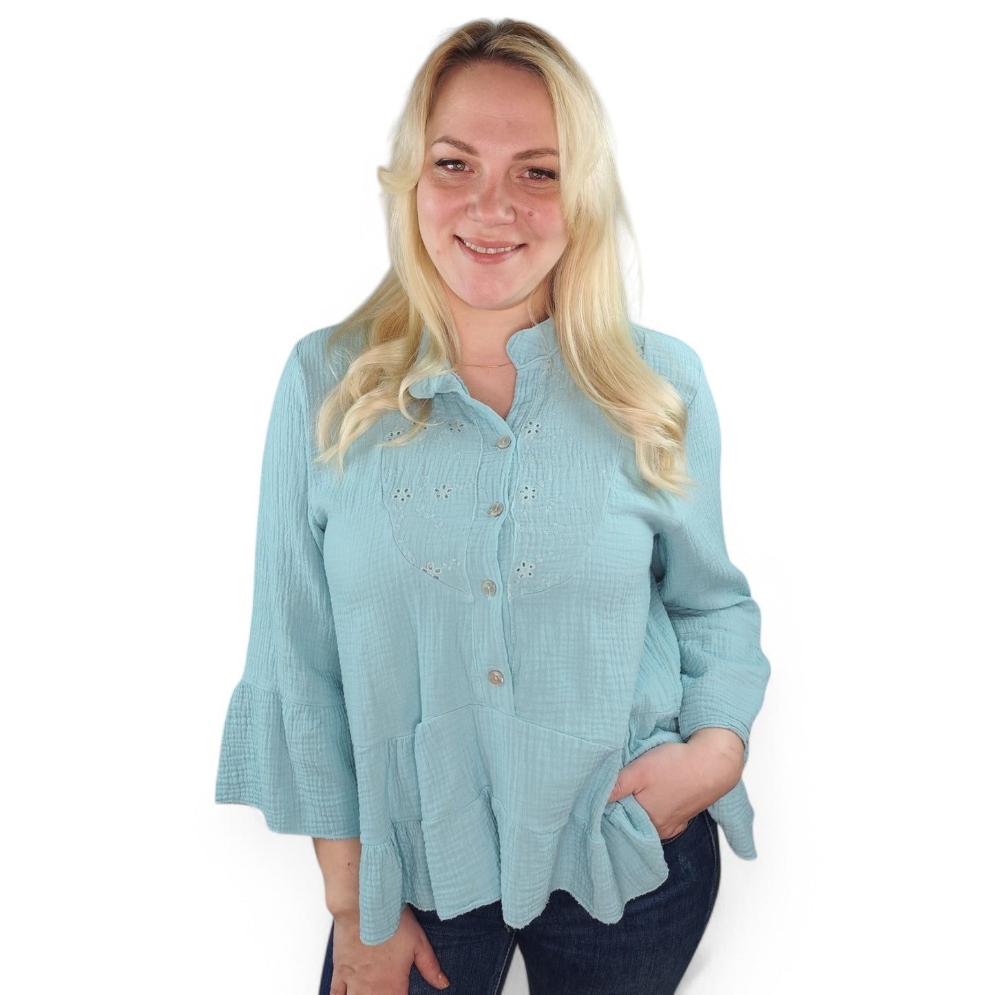 Musselin Bluse mit Volant in Türkis