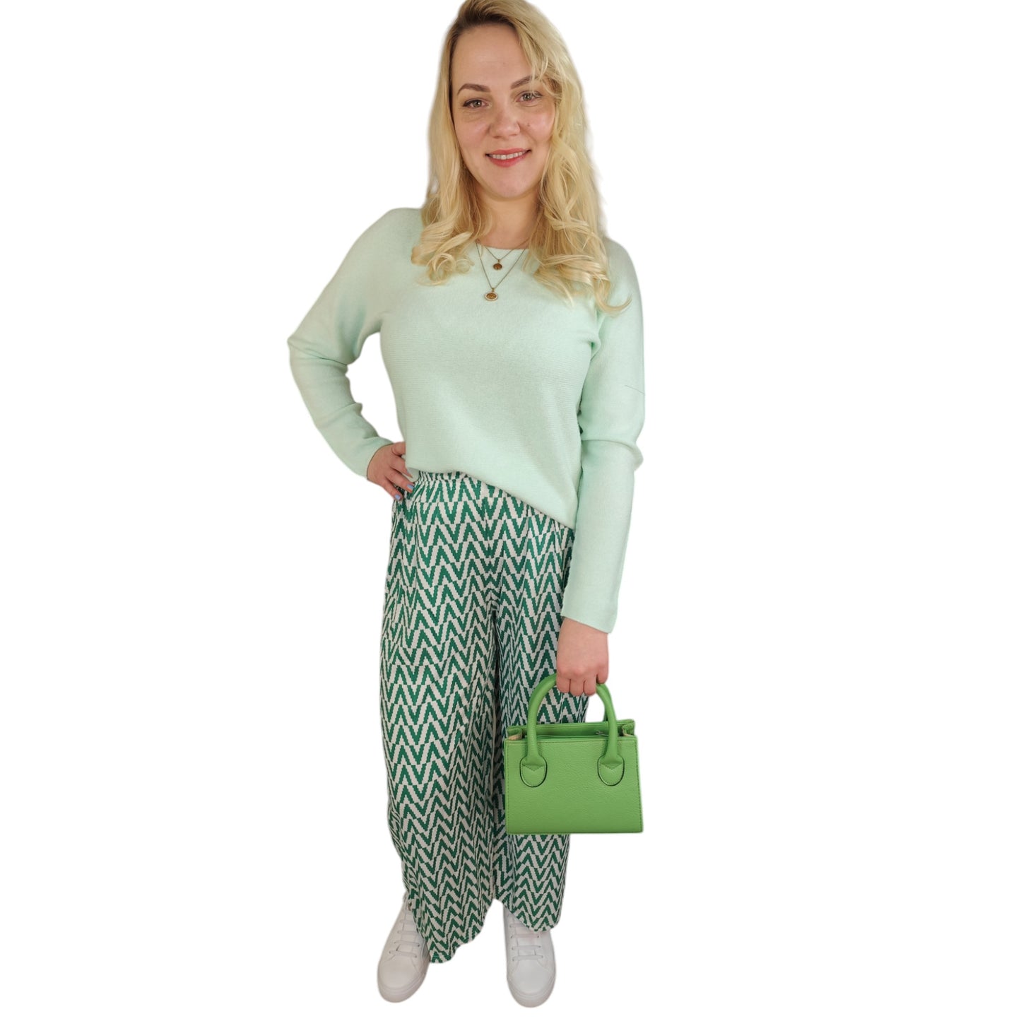 Gemusterte Wide-Leg Hose in Grün-Weiß