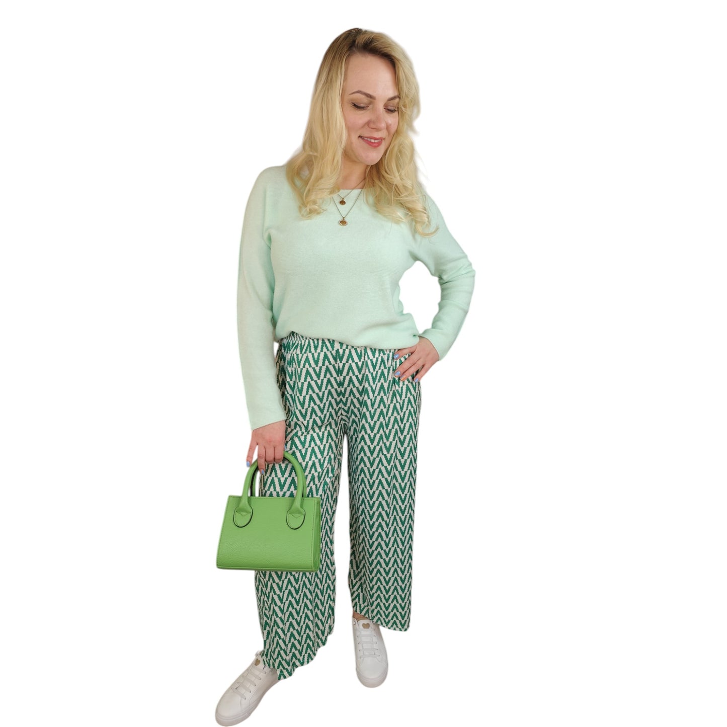 Gemusterte Wide-Leg Hose in Grün-Weiß