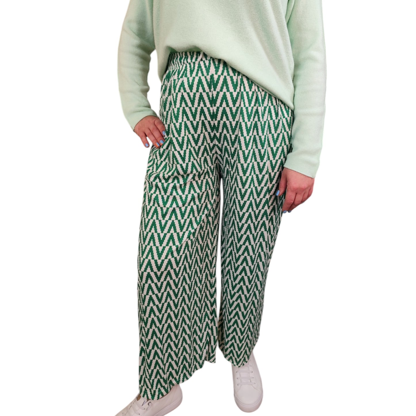 Gemusterte Wide-Leg Hose in Grün-Weiß
