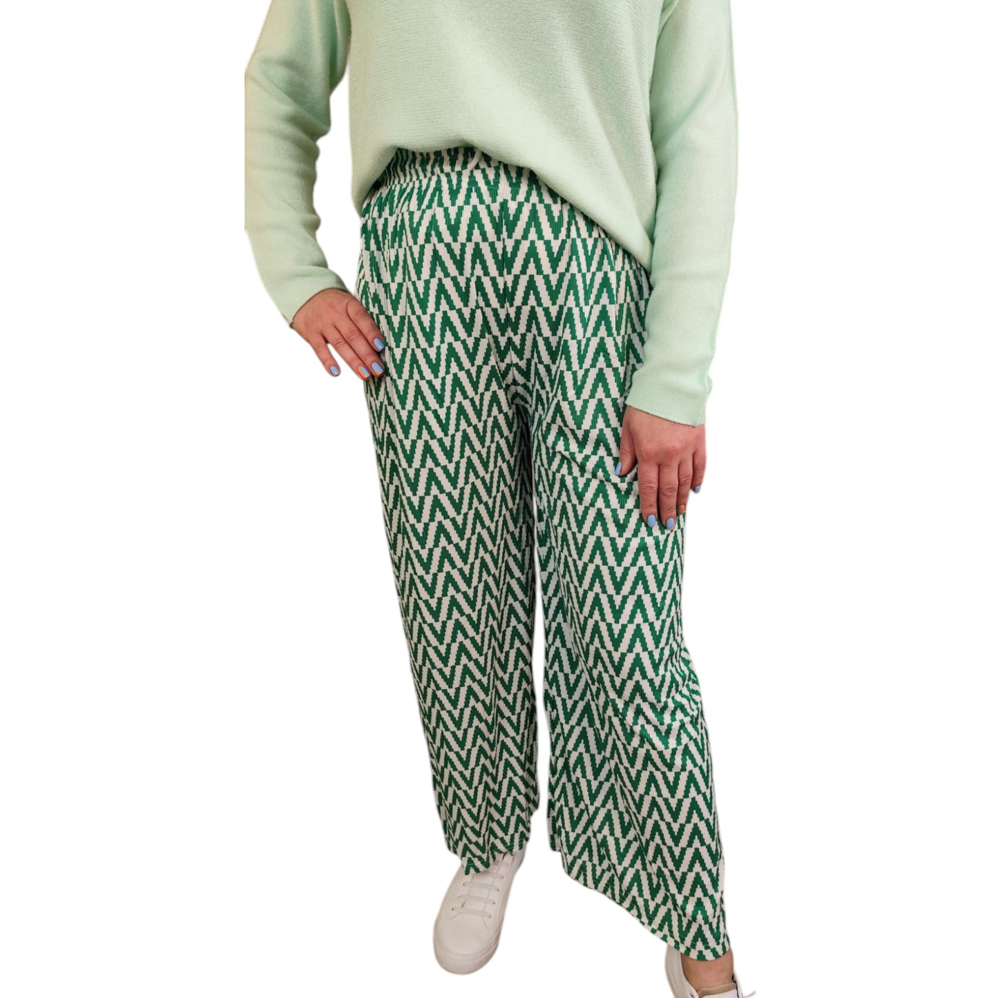 Gemusterte Wide-Leg Hose in Grün-Weiß
