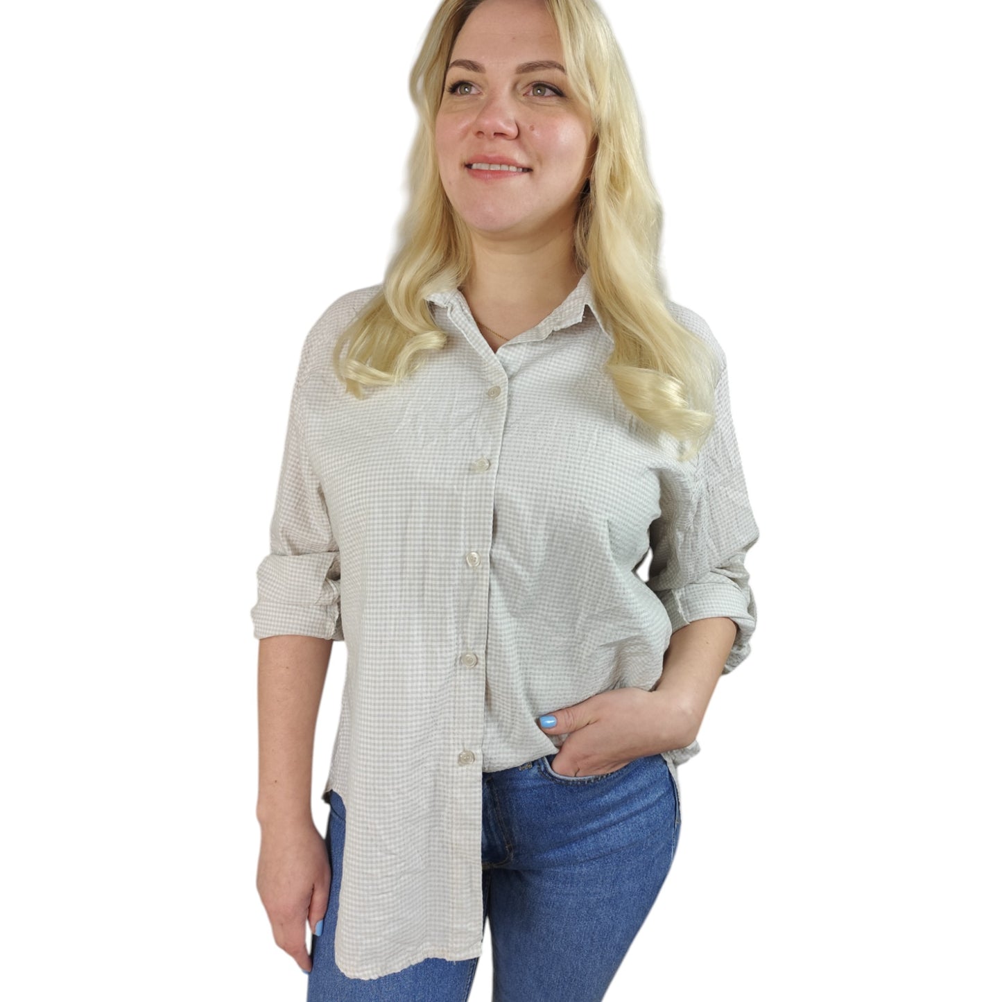 Karo-Bluse in Beige-Weiß