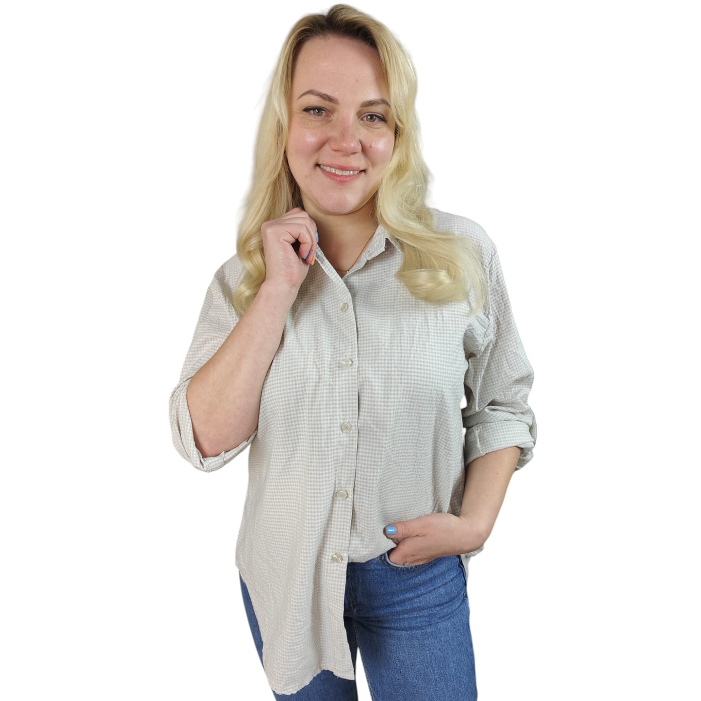 Karo-Bluse in Beige-Weiß