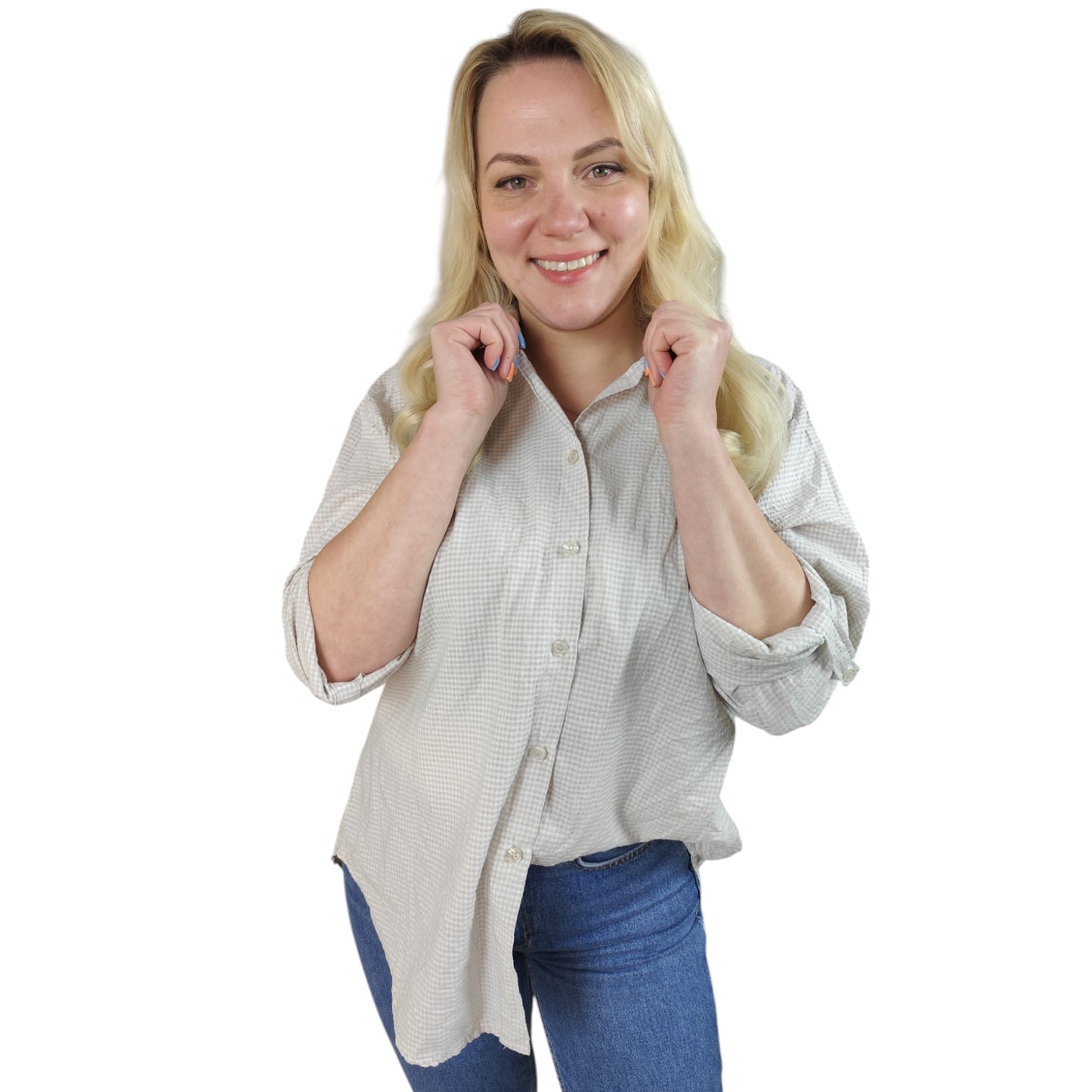 Karo-Bluse in Beige-Weiß