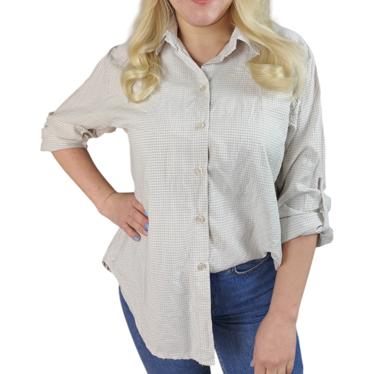Karo-Bluse in Beige-Weiß