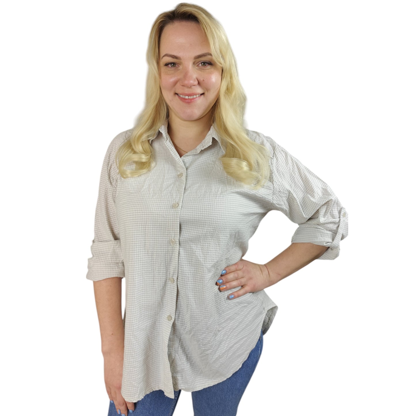 Karo-Bluse in Beige-Weiß