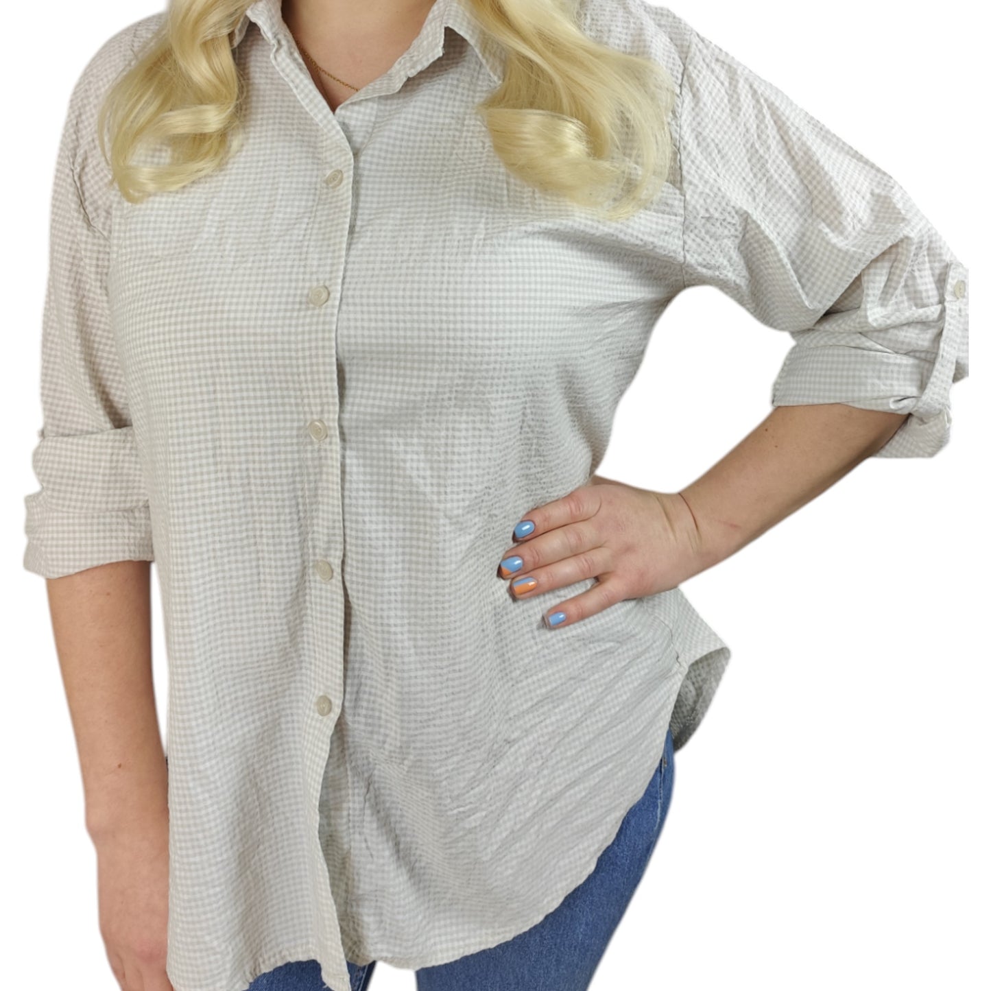 Karo-Bluse in Beige-Weiß