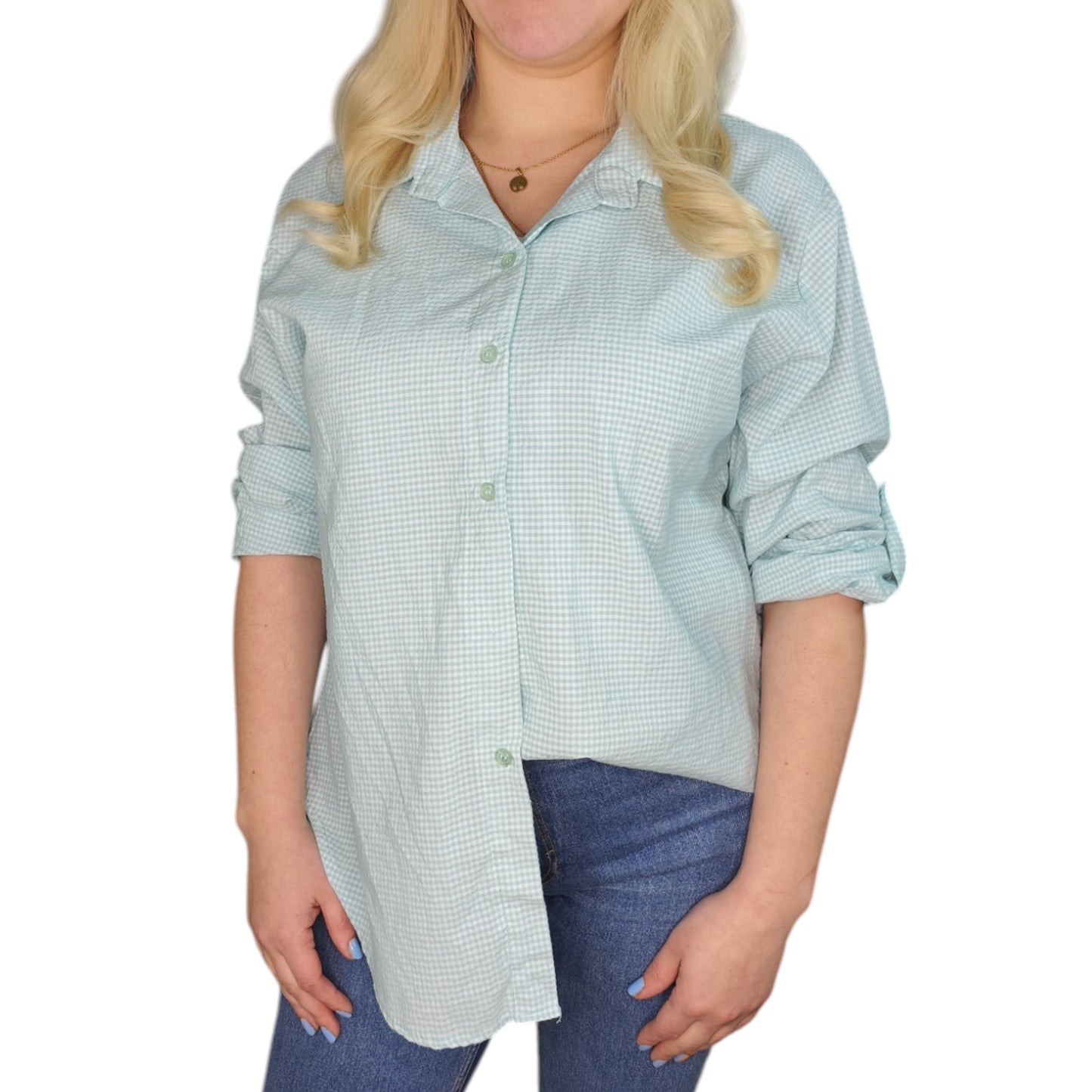 Karo-Bluse in Türkis-Weiß