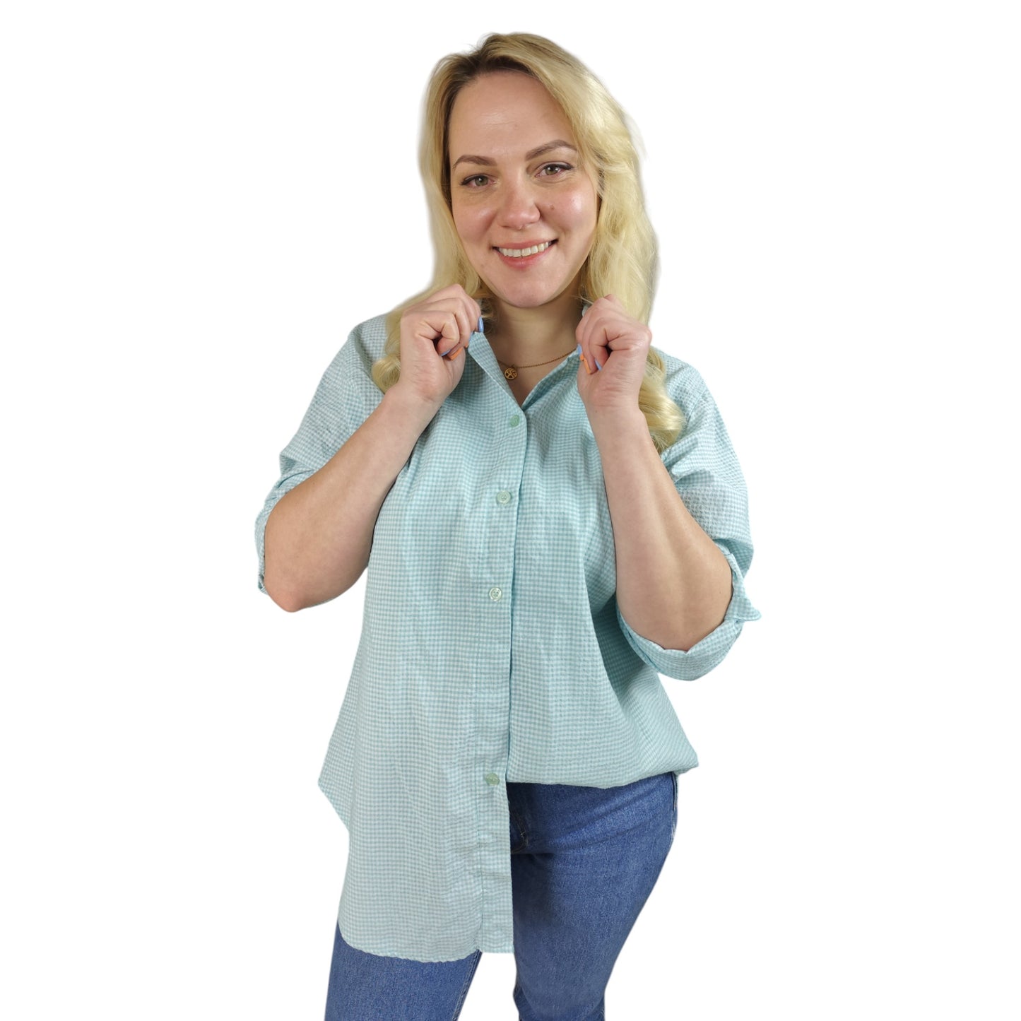 Karo-Bluse in Türkis-Weiß