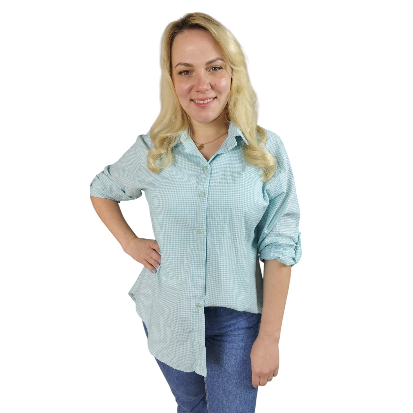 Karo-Bluse in Türkis-Weiß