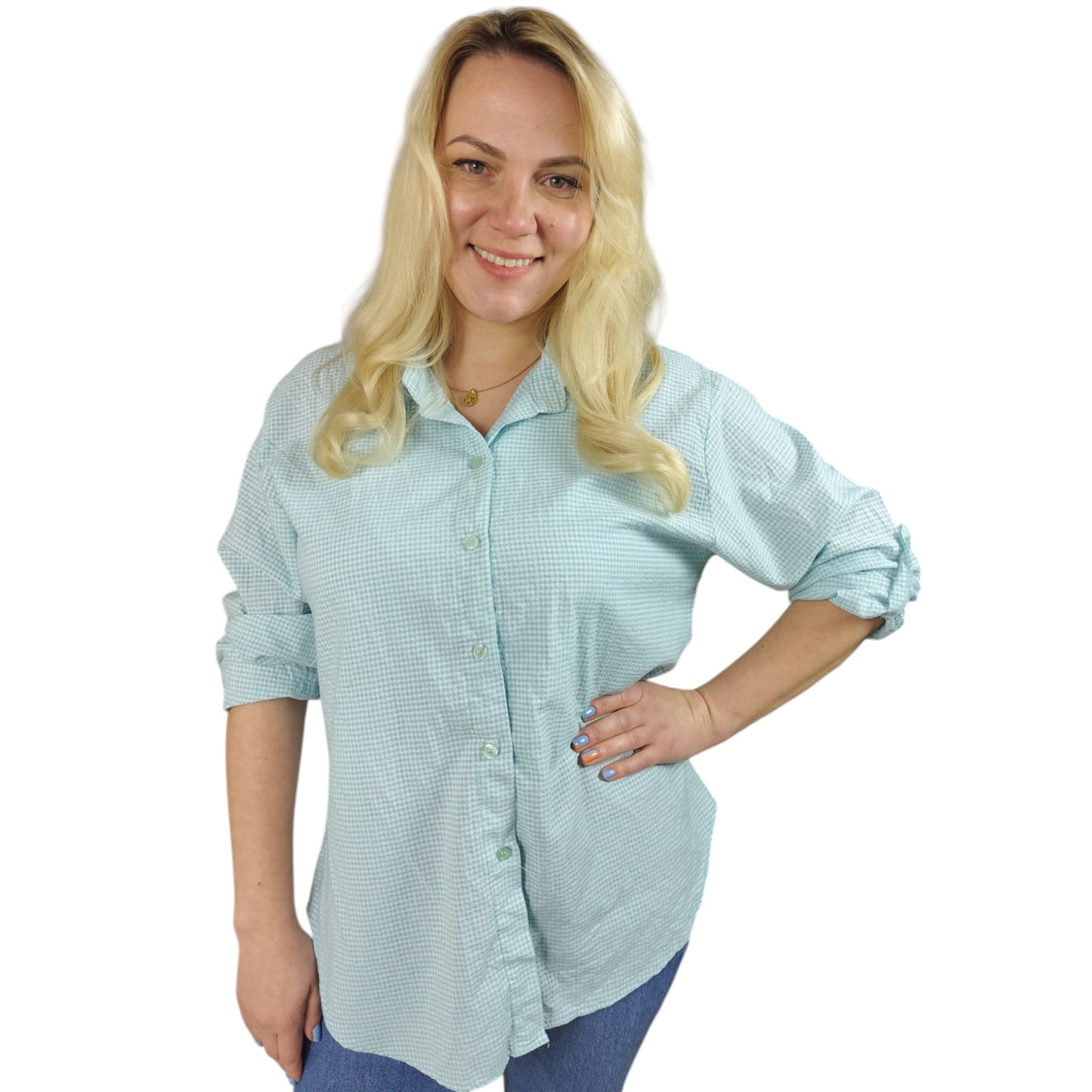 Karo-Bluse in Türkis-Weiß