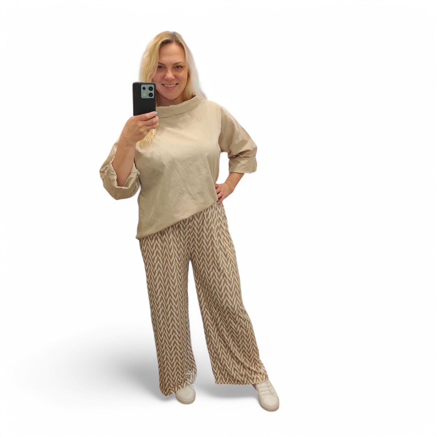 Gemusterte Wide-Leg Hose in Beige-Weiß