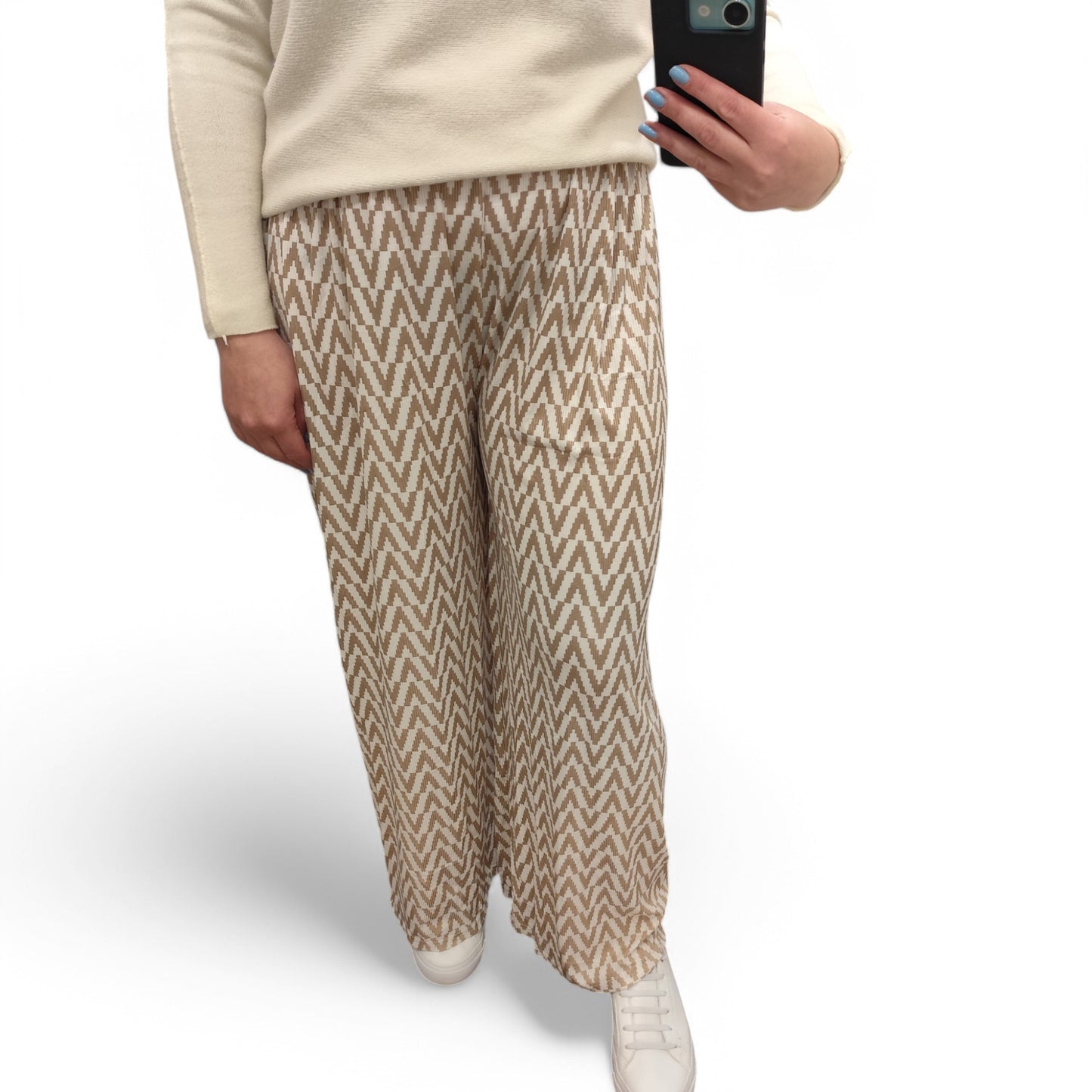 Gemusterte Wide-Leg Hose in Beige-Weiß