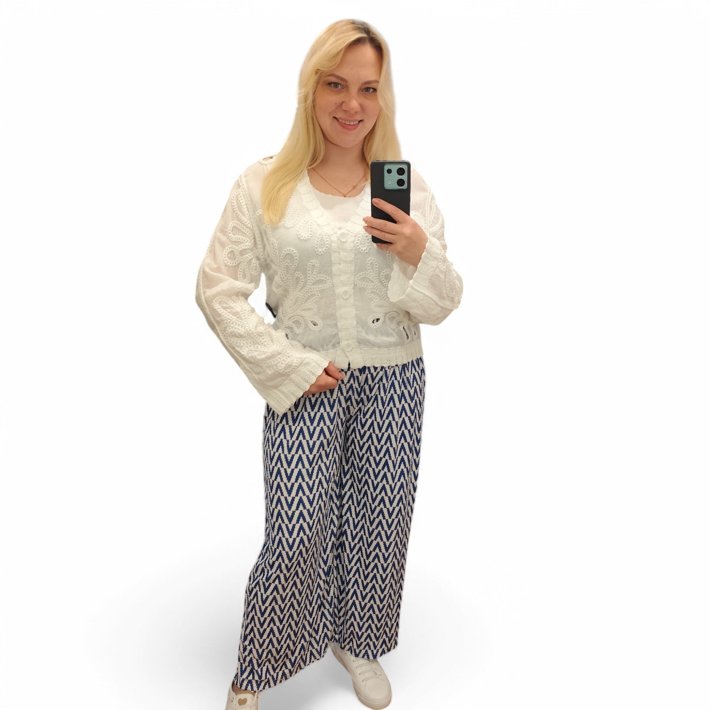 Gemusterte Wide-Leg Hose in Blau-Weiß