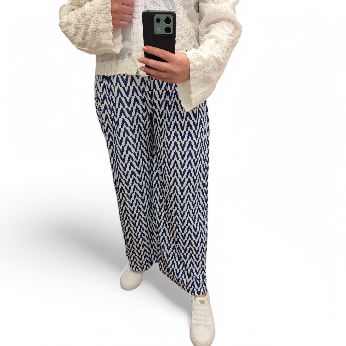 Gemusterte Wide-Leg Hose in Blau-Weiß