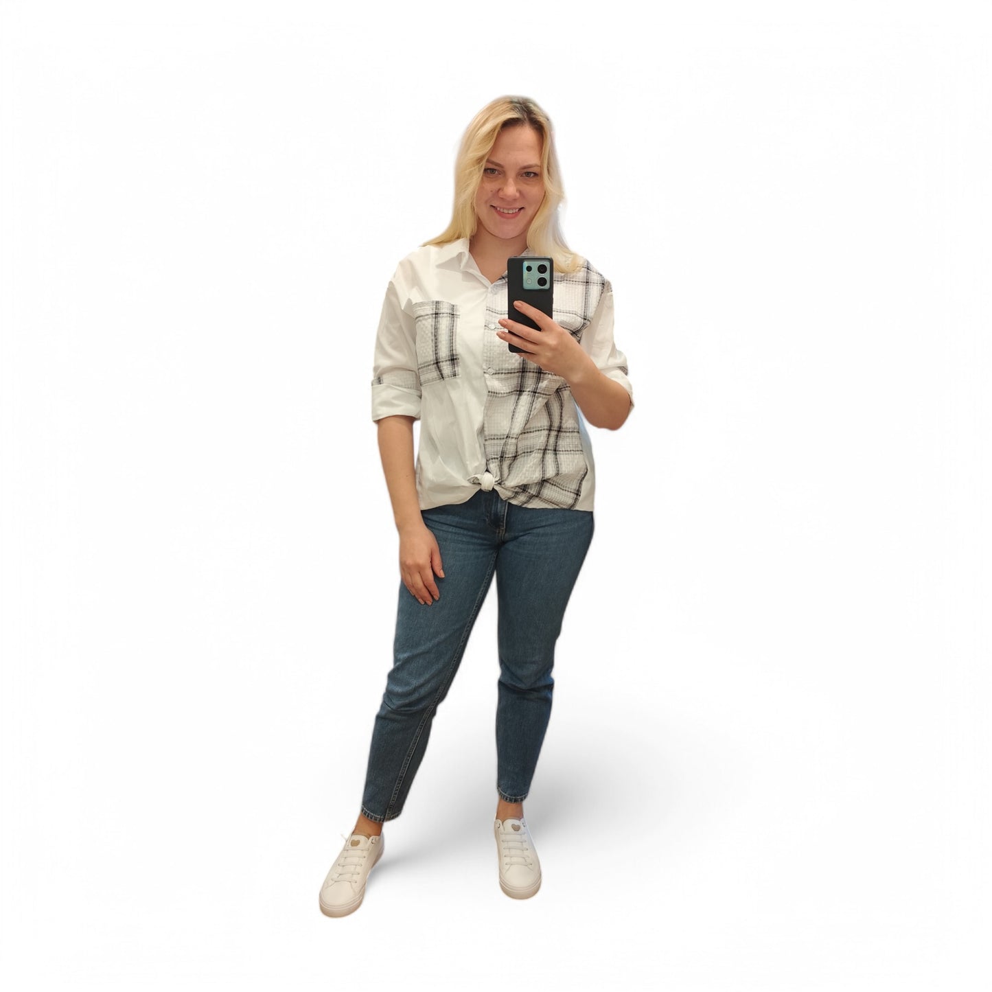 Karo-Bluse zum Knoten in Schwarz-Weiß