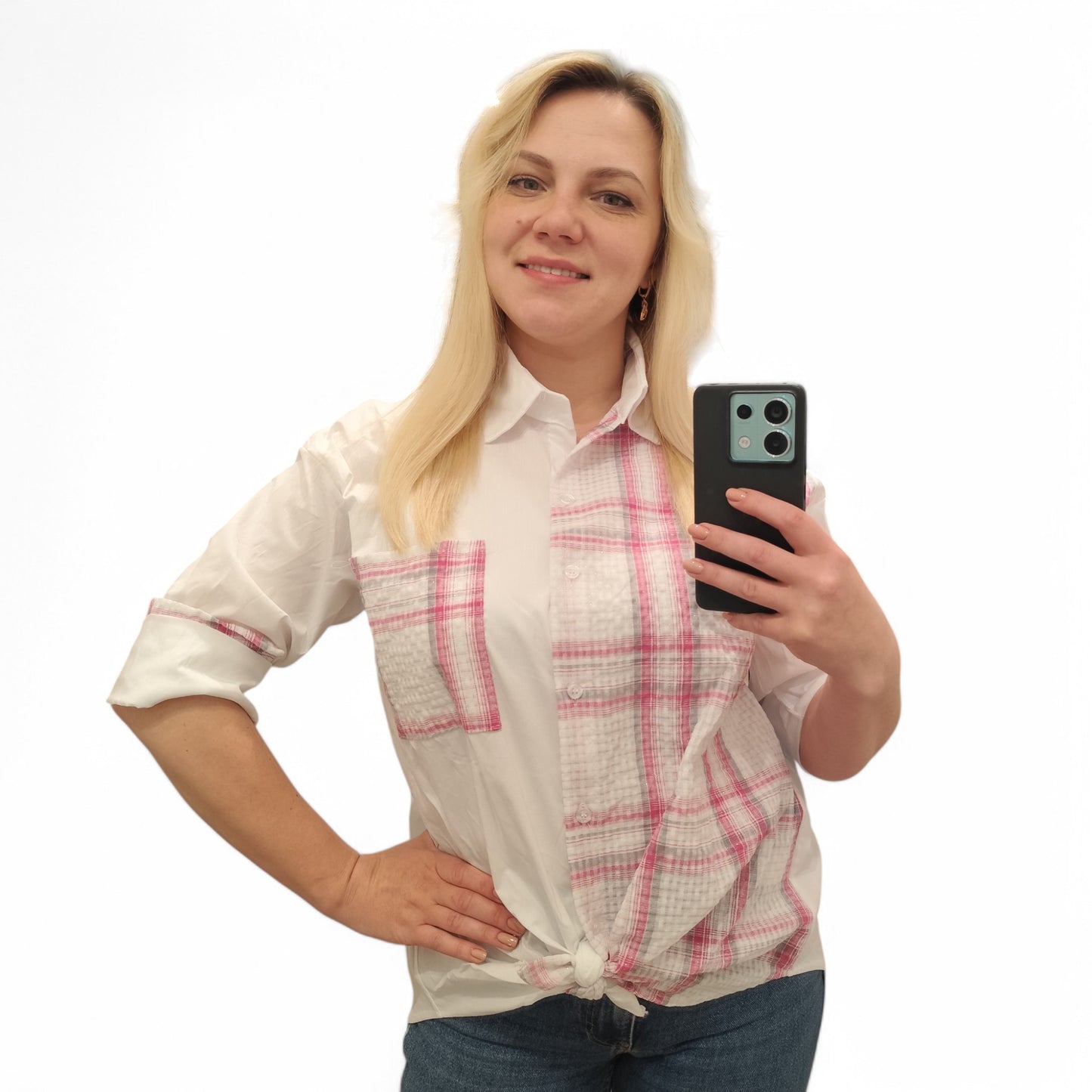 Karo-Bluse zum Knoten in Pink-Weiß