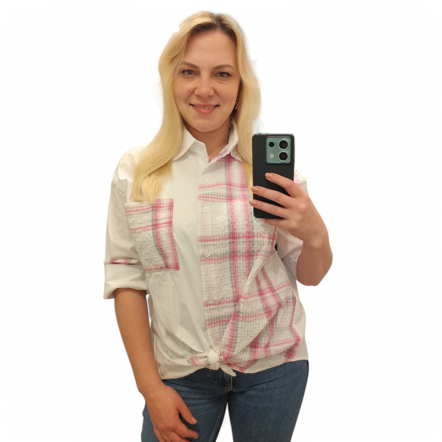 Karo-Bluse zum Knoten in Pink-Weiß