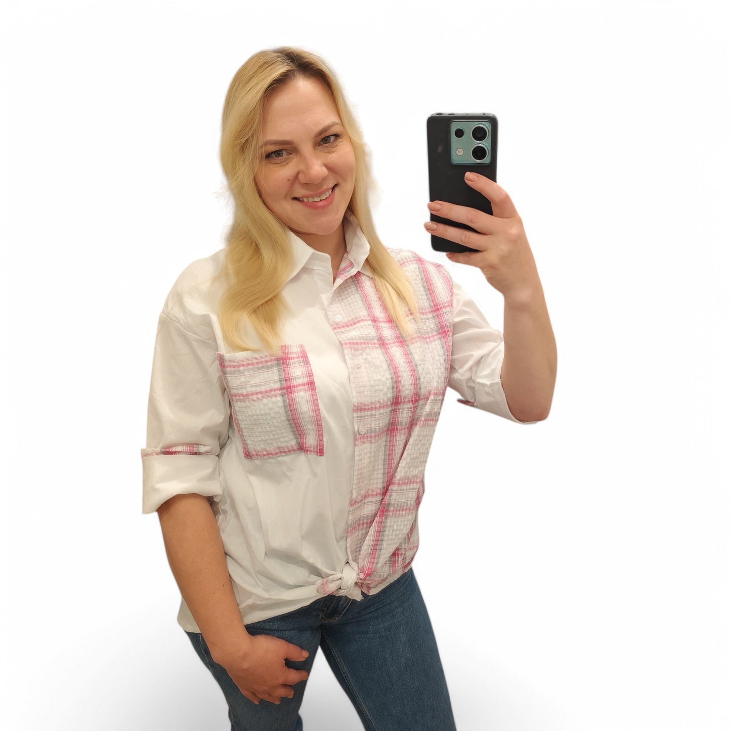 Karo-Bluse zum Knoten in Pink-Weiß