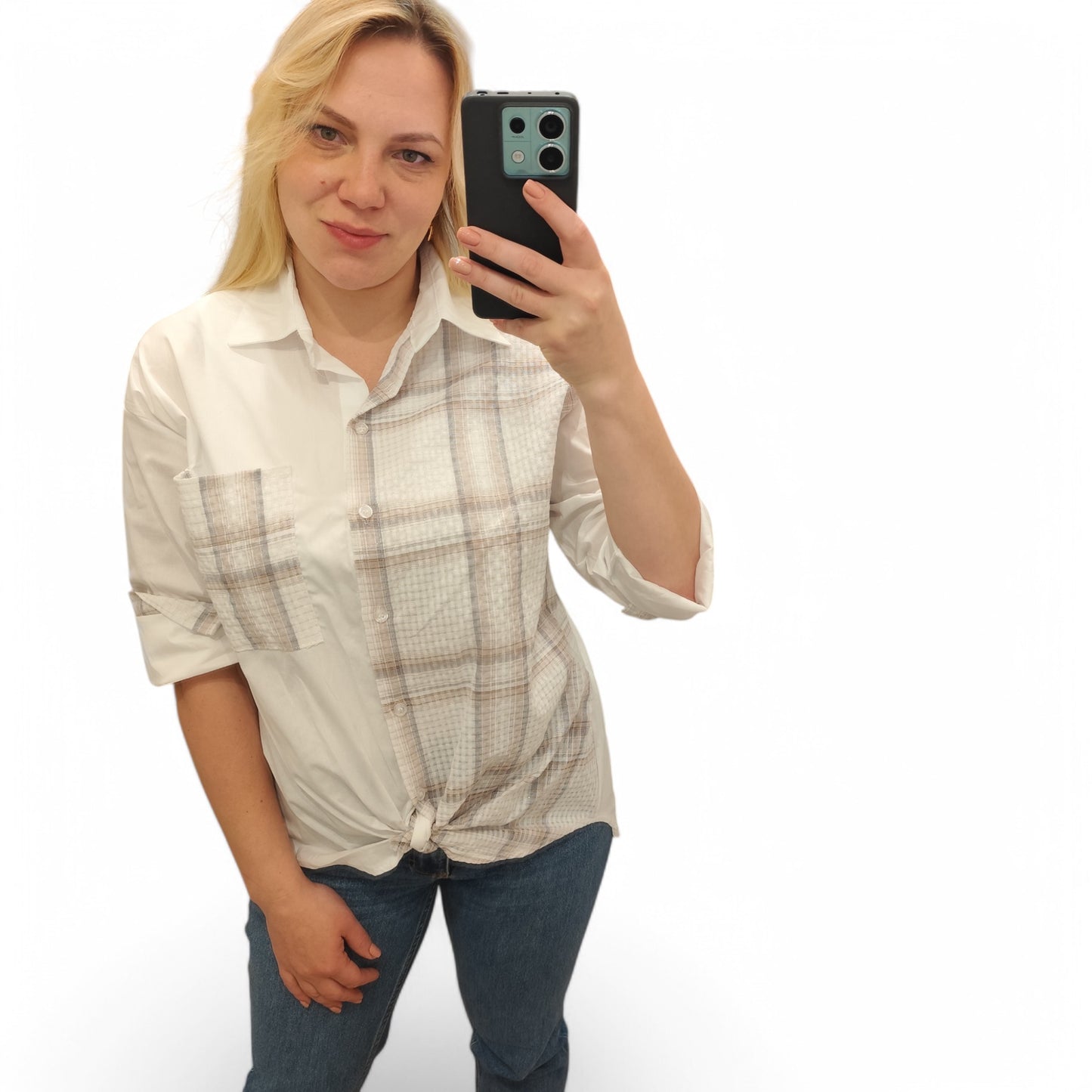 Karo-Bluse zum Knoten in Braun-Weiß