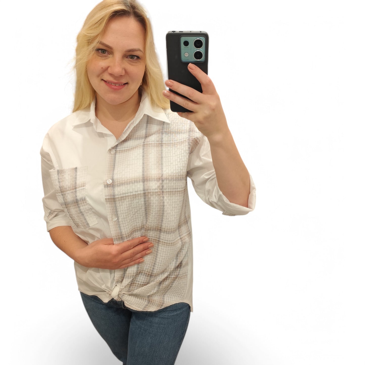 Karo-Bluse zum Knoten in Braun-Weiß
