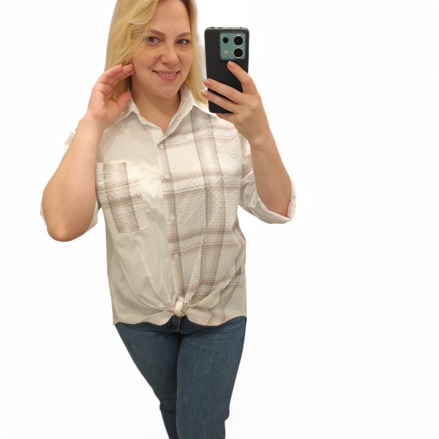 Karo-Bluse zum Knoten in Braun-Weiß
