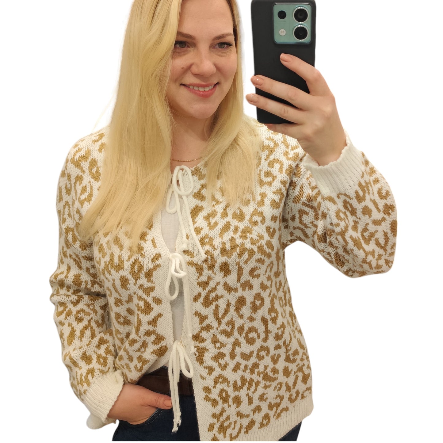 Strickjacke zum Binden mit Leomuster in Beige-Weiß