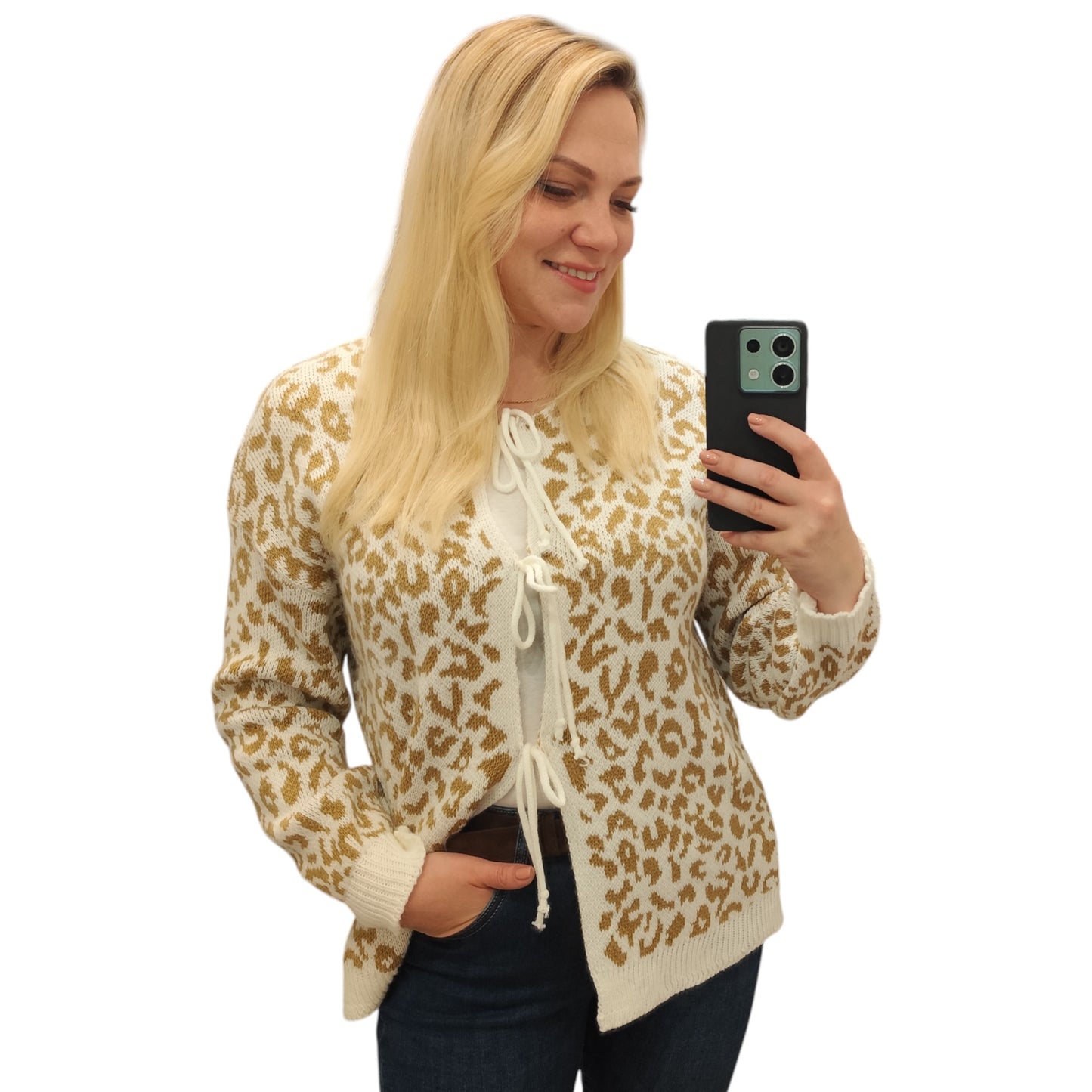 Strickjacke zum Binden mit Leomuster in Beige-Weiß