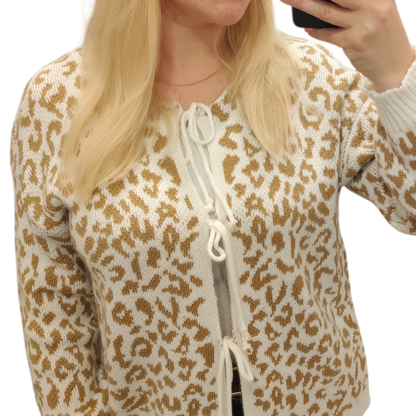 Strickjacke zum Binden mit Leomuster in Beige-Weiß