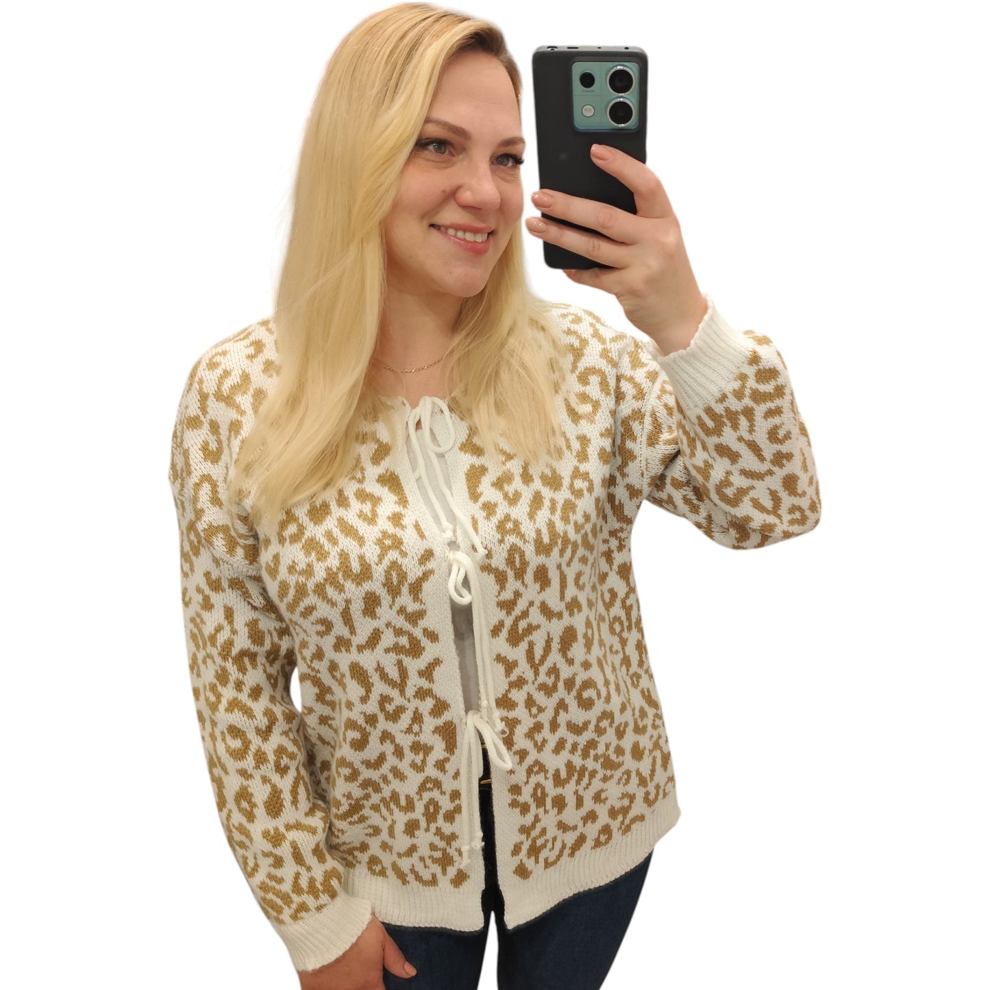 Strickjacke zum Binden mit Leomuster in Beige-Weiß