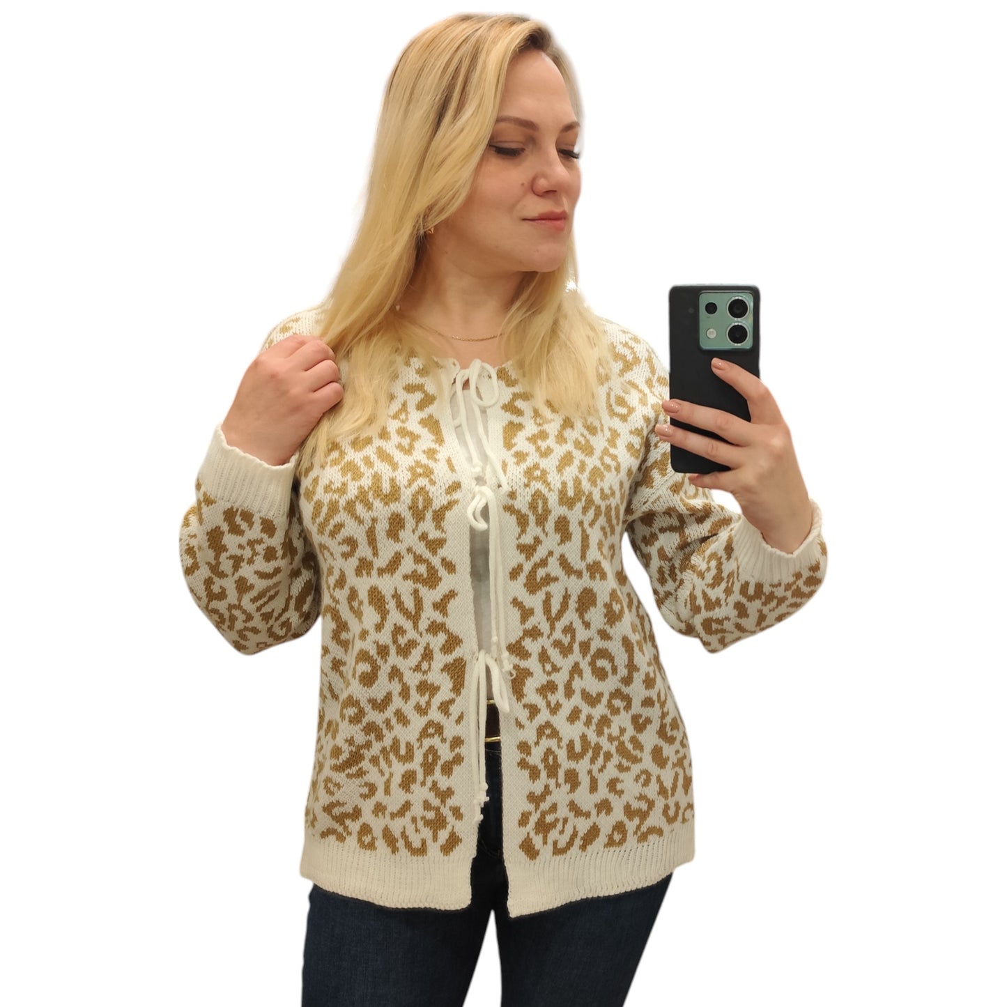 Strickjacke zum Binden mit Leomuster in Beige-Weiß
