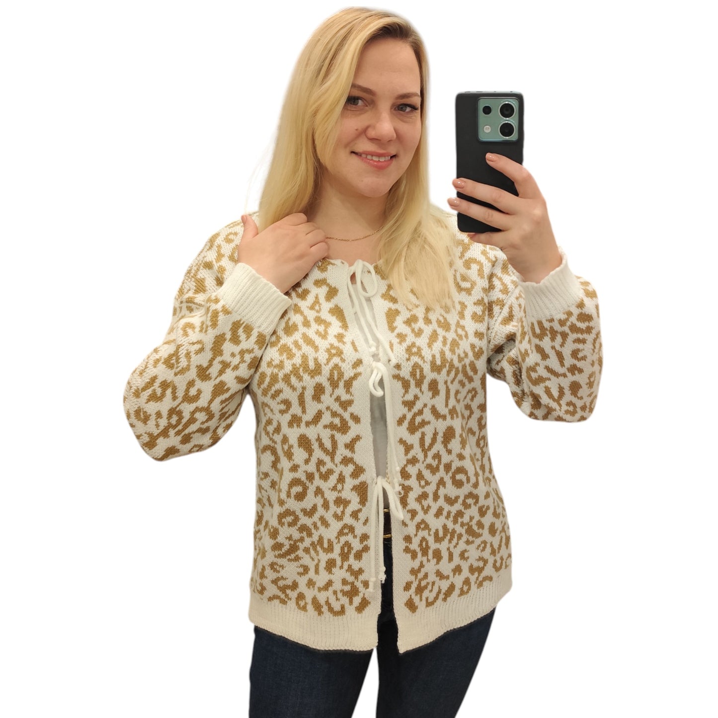 Strickjacke zum Binden mit Leomuster in Beige-Weiß