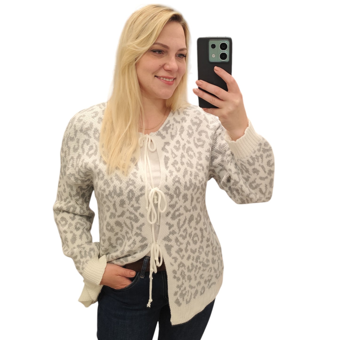 Strickjacke zum Binden mit Leomuster in Grau-Weiß