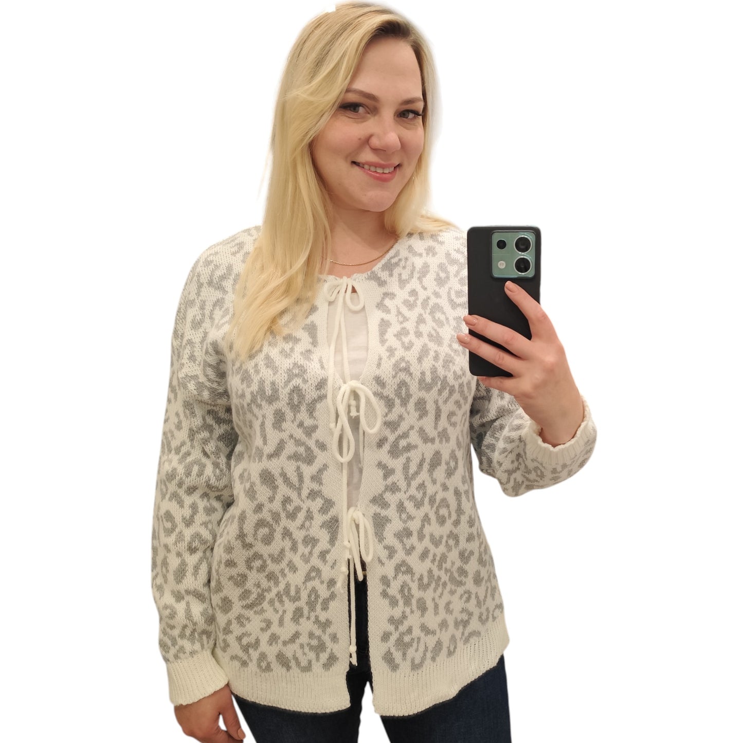 Strickjacke zum Binden mit Leomuster in Grau-Weiß