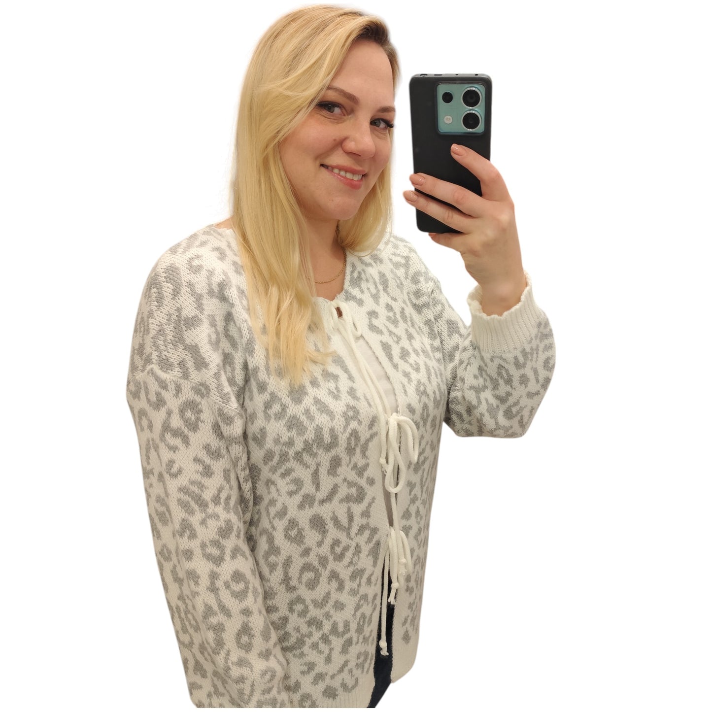 Strickjacke zum Binden mit Leomuster in Grau-Weiß