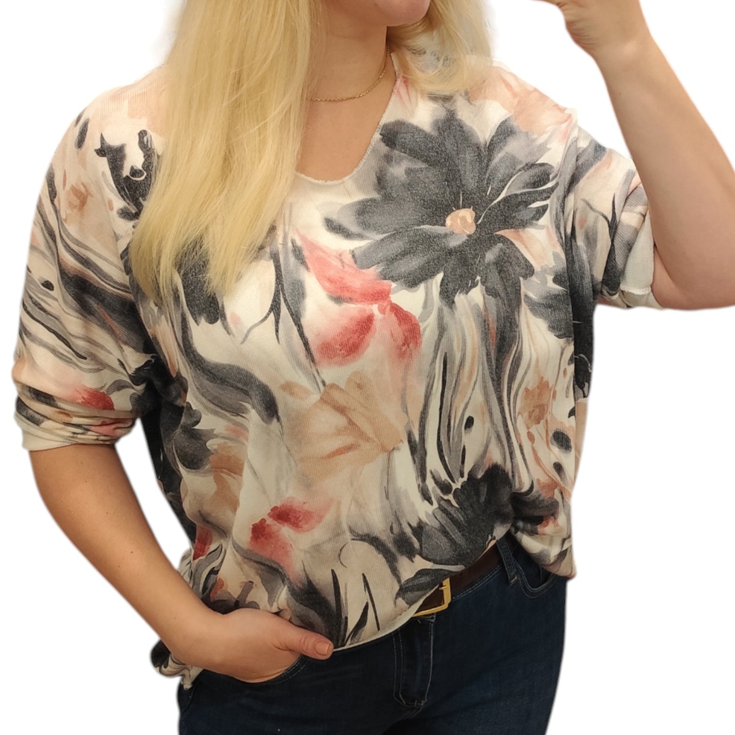 Shirt mit floralem Muster in Grau-Rosa