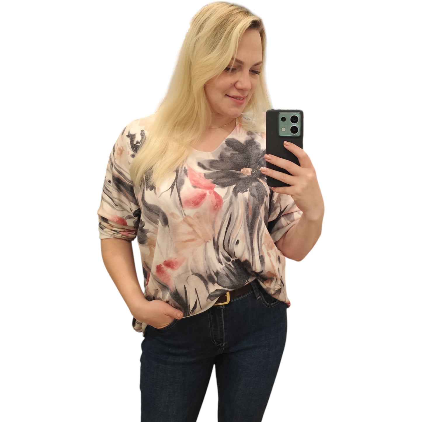 Shirt mit floralem Muster in Grau-Rosa