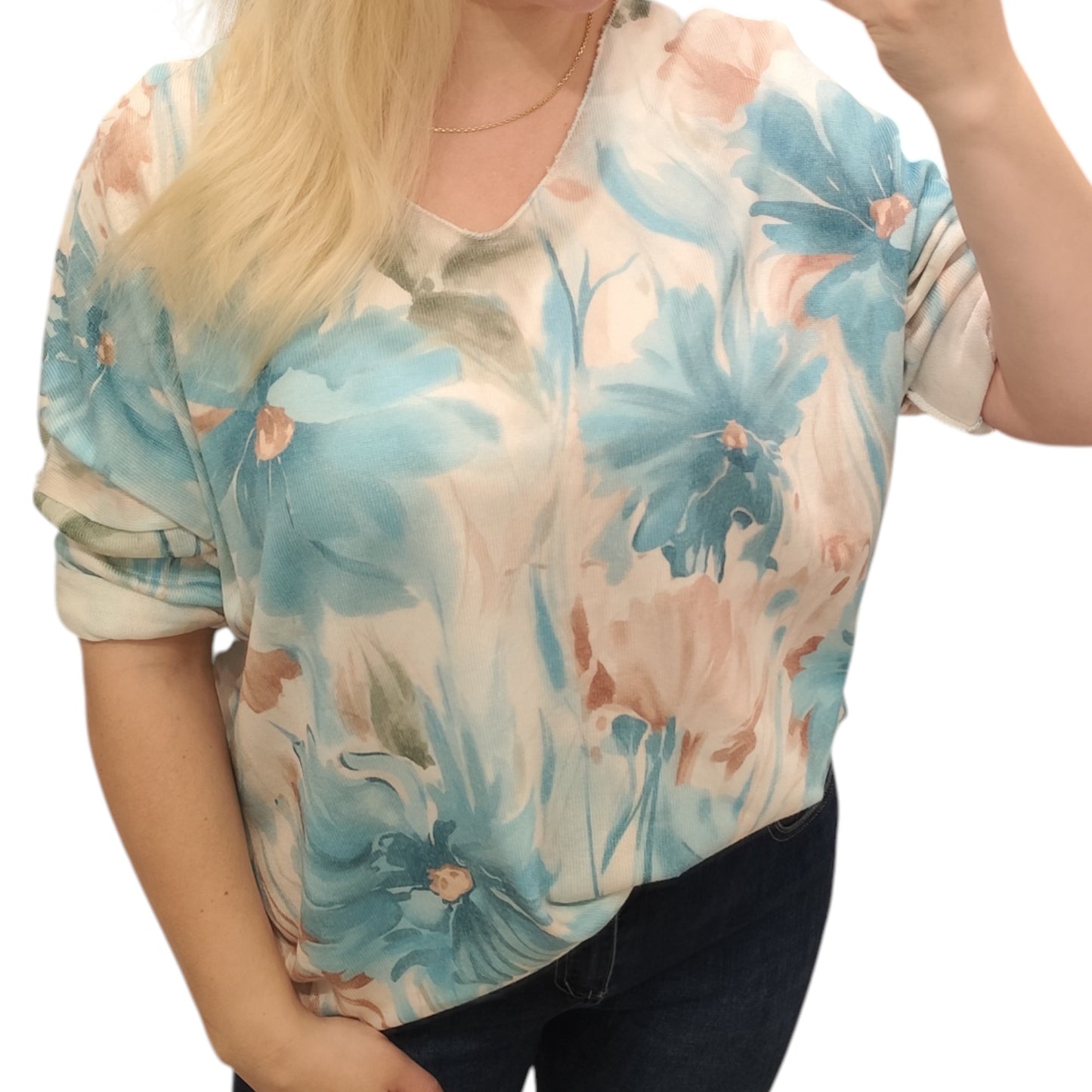 Shirt mit floralem Muster in Beige-Blau