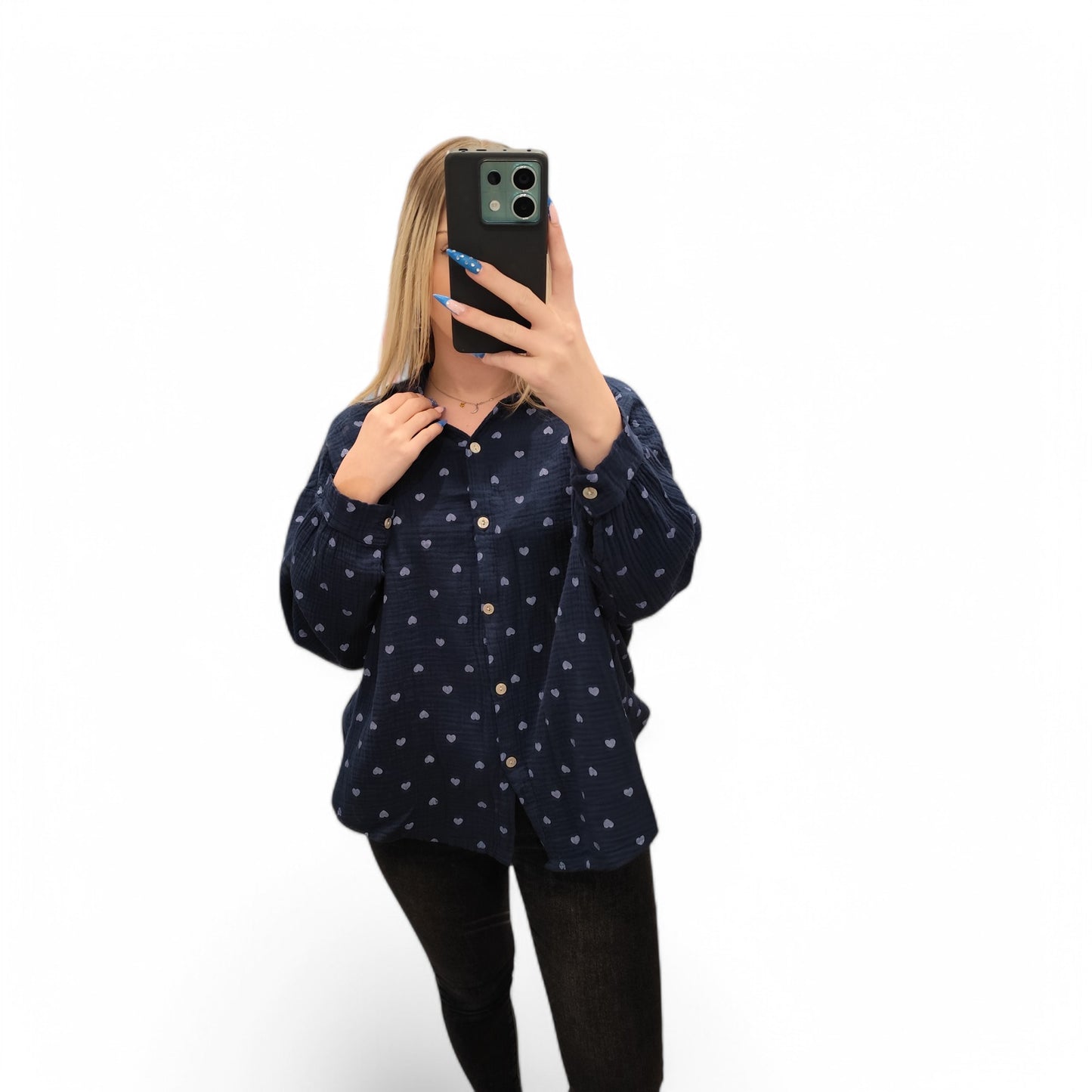 Musselin Bluse mit Herzchen in Dunkelblau