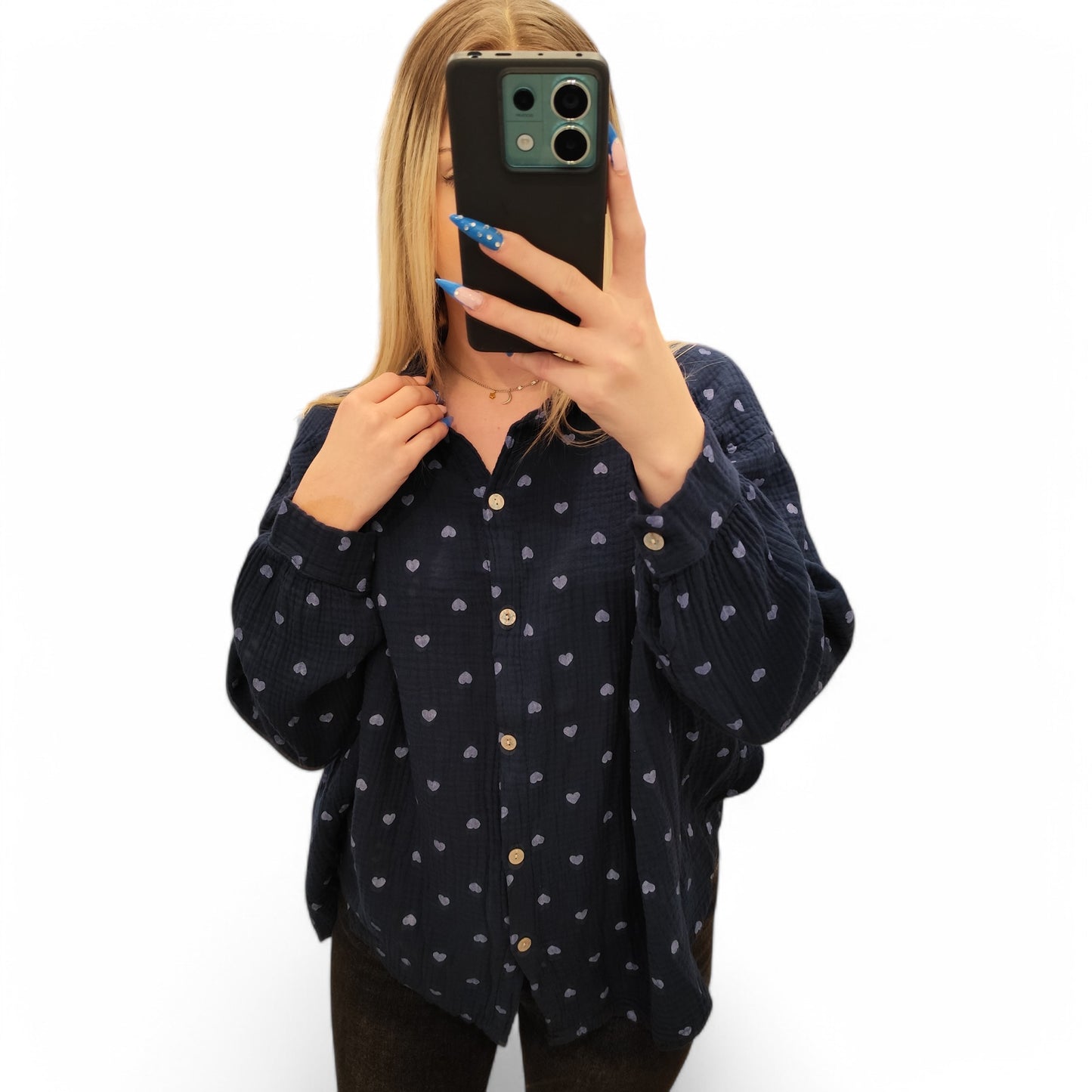Musselin Bluse mit Herzchen in Dunkelblau