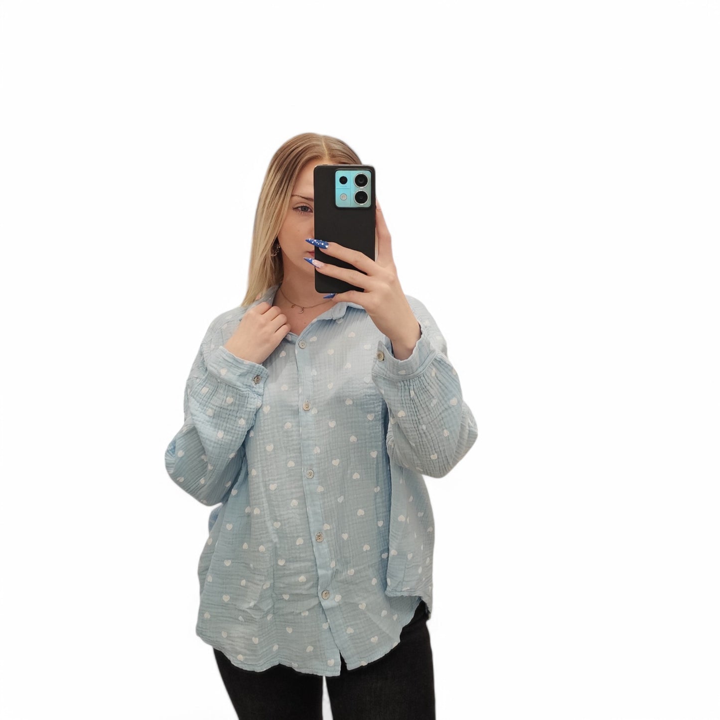 Musselin Bluse mit Herzchen in Hellblau