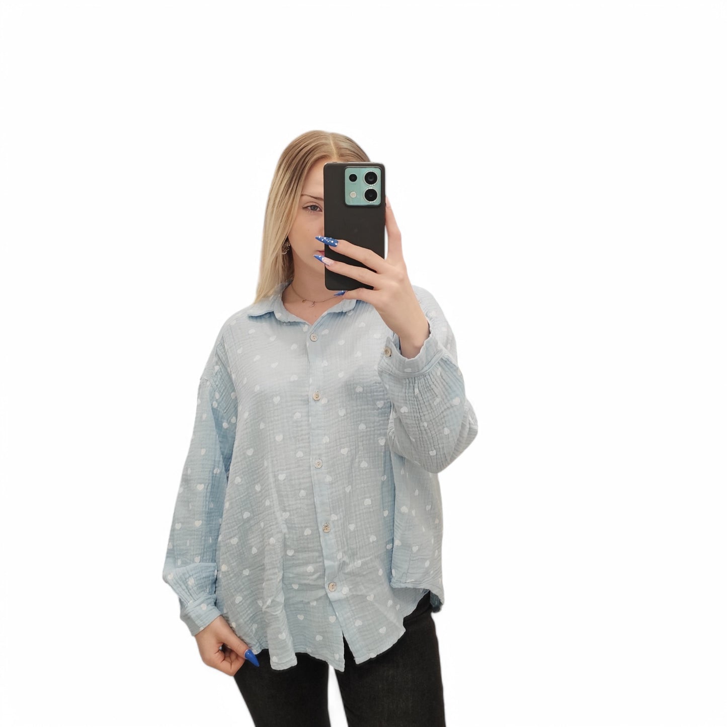 Musselin Bluse mit Herzchen in Hellblau