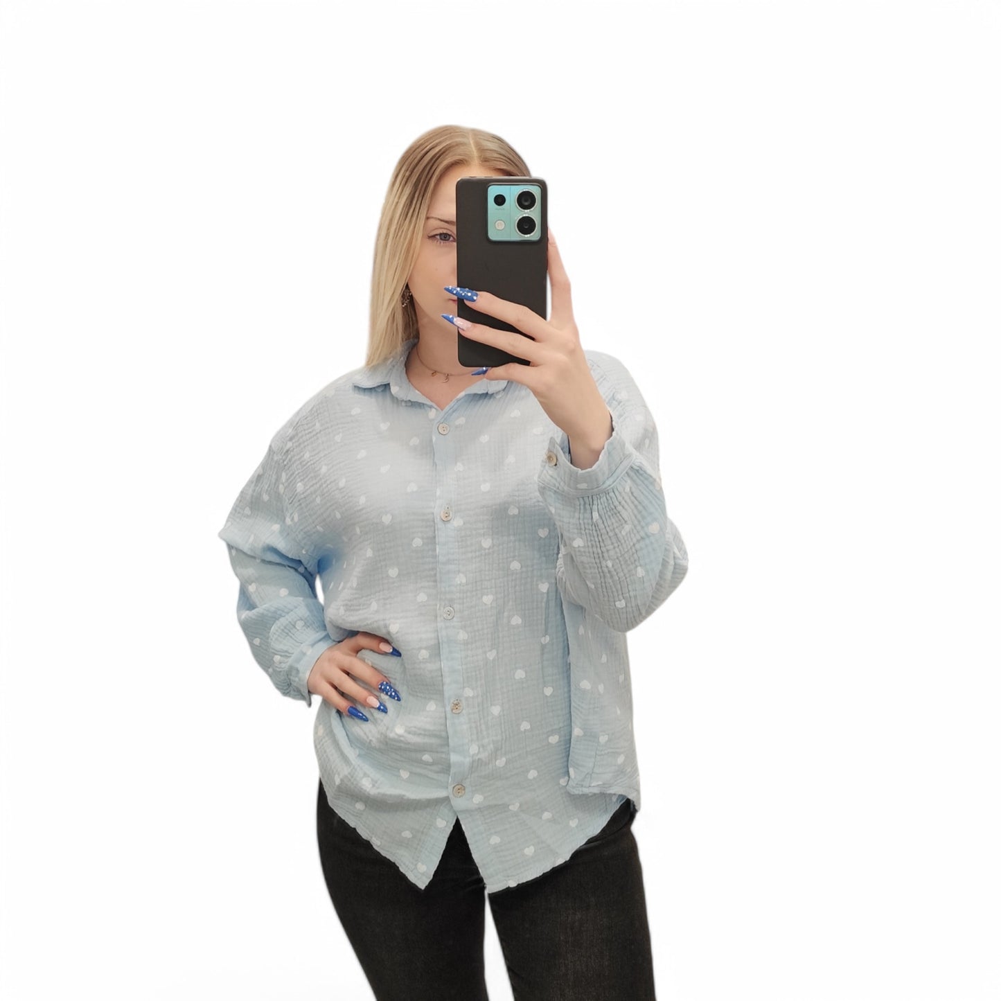 Musselin Bluse mit Herzchen in Hellblau