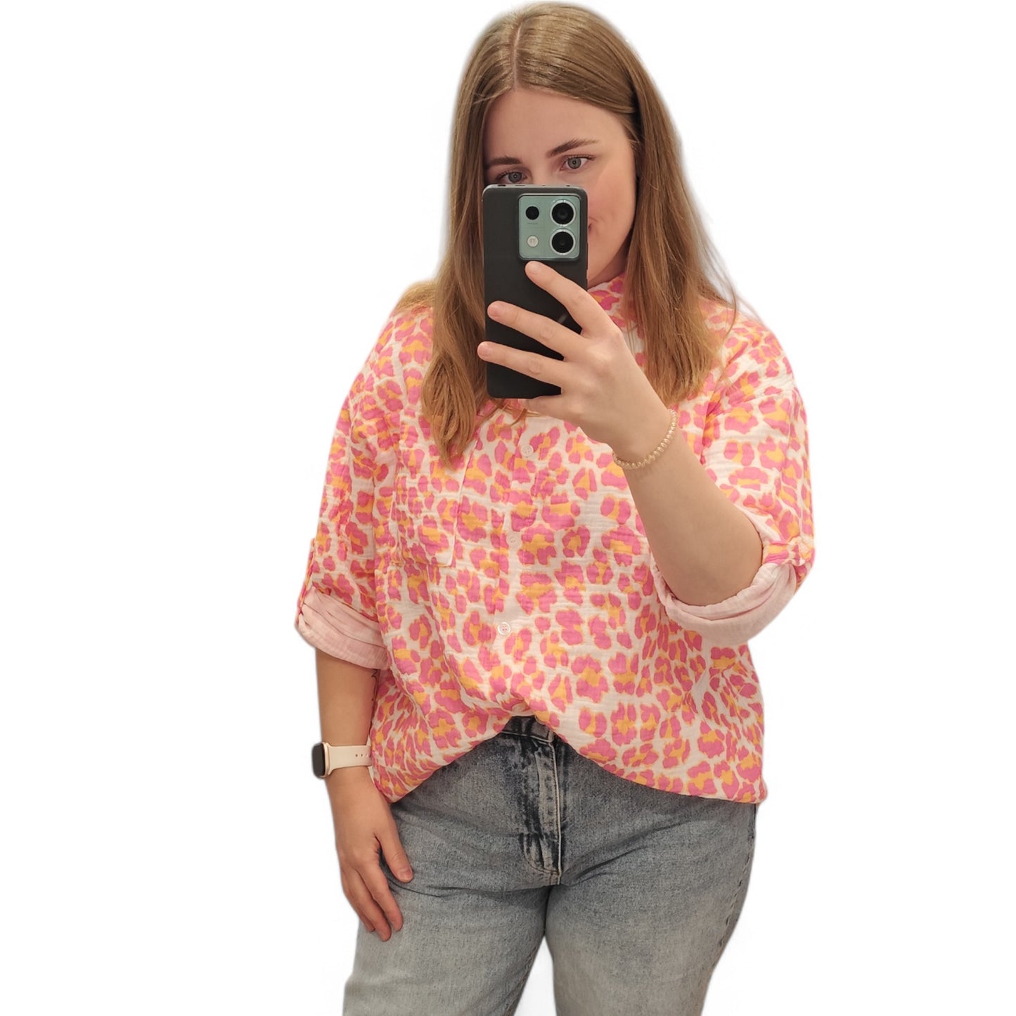 Musselin Bluse mit Leomuster in Orange-Pink