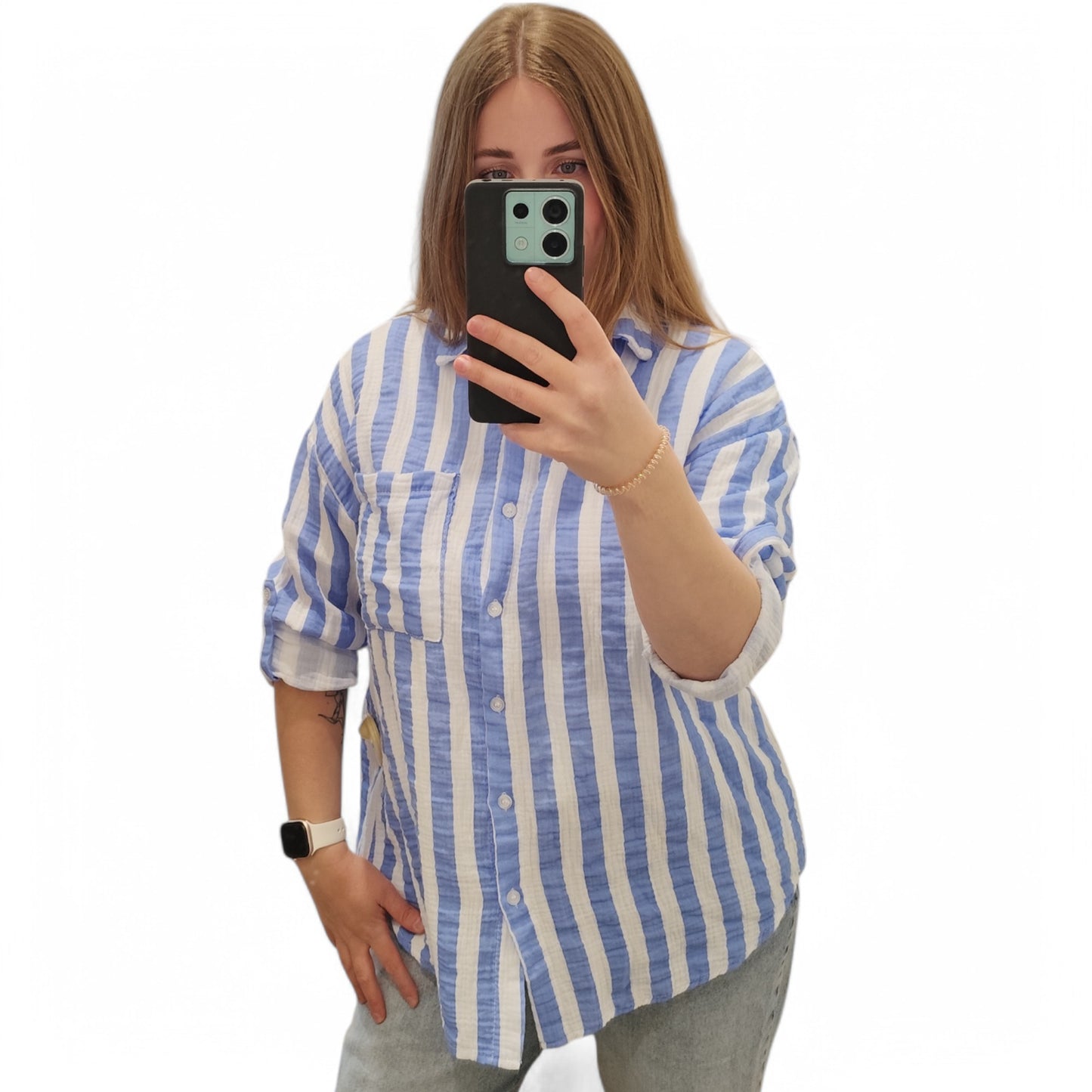Gestreifte Musselin Bluse in Blau-Weiß