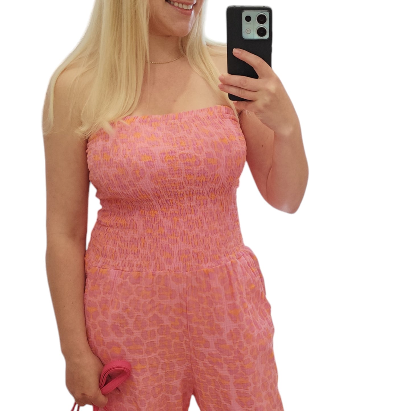 Musselin Einteiler mit Leomuster in Orange-Pink