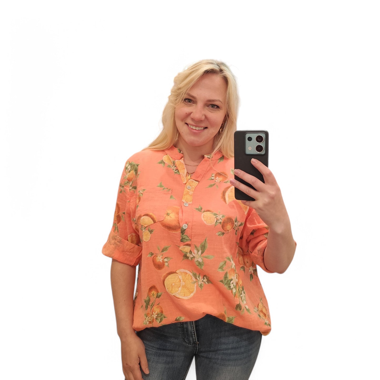 Bluse mit Orangen in Koralle